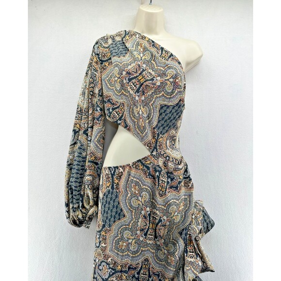 Bronx & Banco Sara Dress Size M Paisley Print One Shoulder Cutout Ruffle Hi Low - Picture 6 of 16